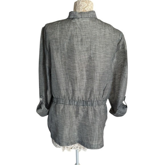 Chico's Sheer Gray Striped Button Up Peplum Lightweight Jacket size Large - Picture 2 of 8